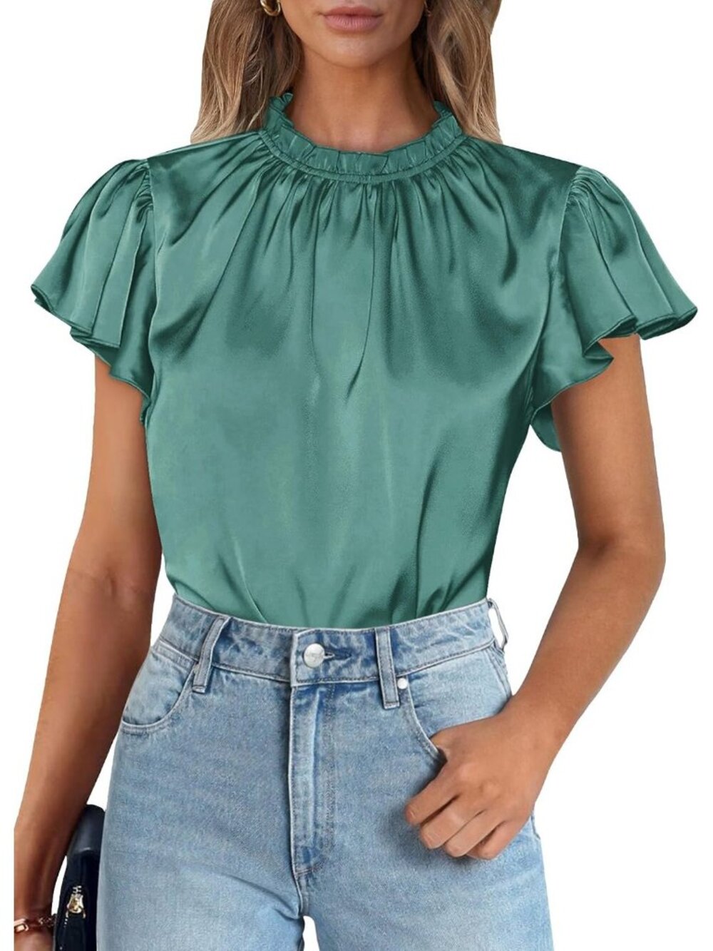 Women's Aqua Green Satin Blouse Ruffled Neck Flutter Sleeve Office Work Silk Top